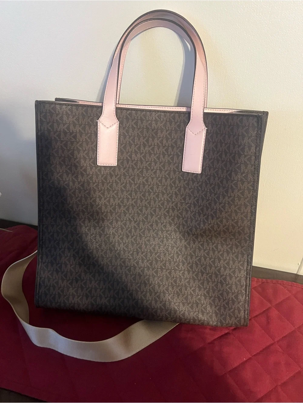 Michael Kors Brown MK Logo Tote with Pink Trim